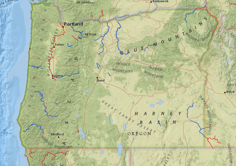 National Rivers Project website with recently added rivers in blue and previous rivers in red.