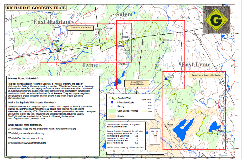 Map of the Richard H. Goodwin Trail, the map provides information on the path of the trails, whether the land is on protected and/or private land, and parking and information kiosks locations. Information on who Richard H. Goodwin was and what is the Eightmile Wild & Scenic Watershed is also provided.