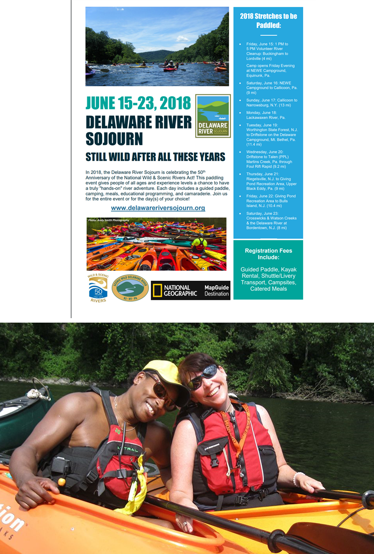 A flyer for the Delaware River Sojourn taking place on June 15-23, 2018. The bottom of the image includes an image of a couple kayaking in separate kayaks with the man leaning his head on the woman’s shoulder.