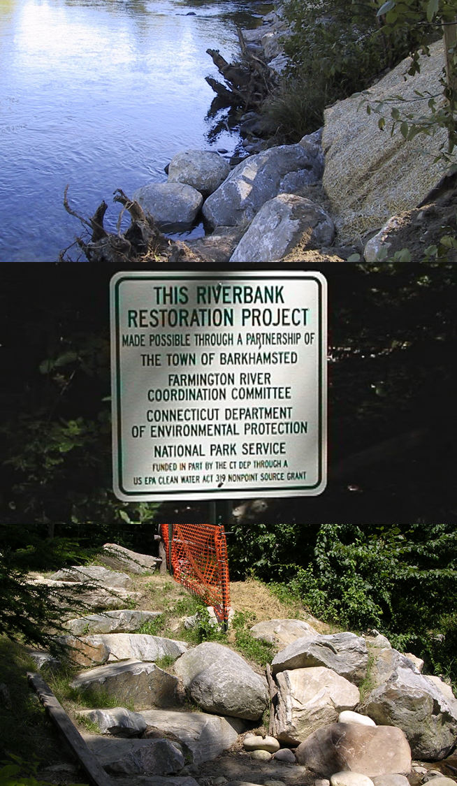 Three photos. The top photo depicts an image of a bank in process of stabilization, with rocks and materials strewn upon the bank. The second image depicts a sign that reads ‘This riverbank restoration project made possible through the town of Barkhamsted, Farmington River Coordination Committee, Connecticut Department of Environmental Protection, and the National Park Service. Funded in part by the Connecticut Department through a US EPA Clean Water Act Nonpoint Source Grant’. The last photo shows a bank covered in large boulders and a plastic hi-res orange construction fencing erected on a small portion of the bank.