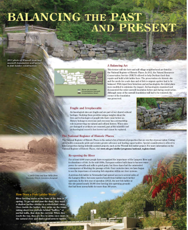 Poster Titled Balancing the Past and the Present about Wiswall Dam on the Lamprey River. The poster explains the balancing act between the preservation of a historic dam and the need for a safe dam and a means for fish to migrate upriver.