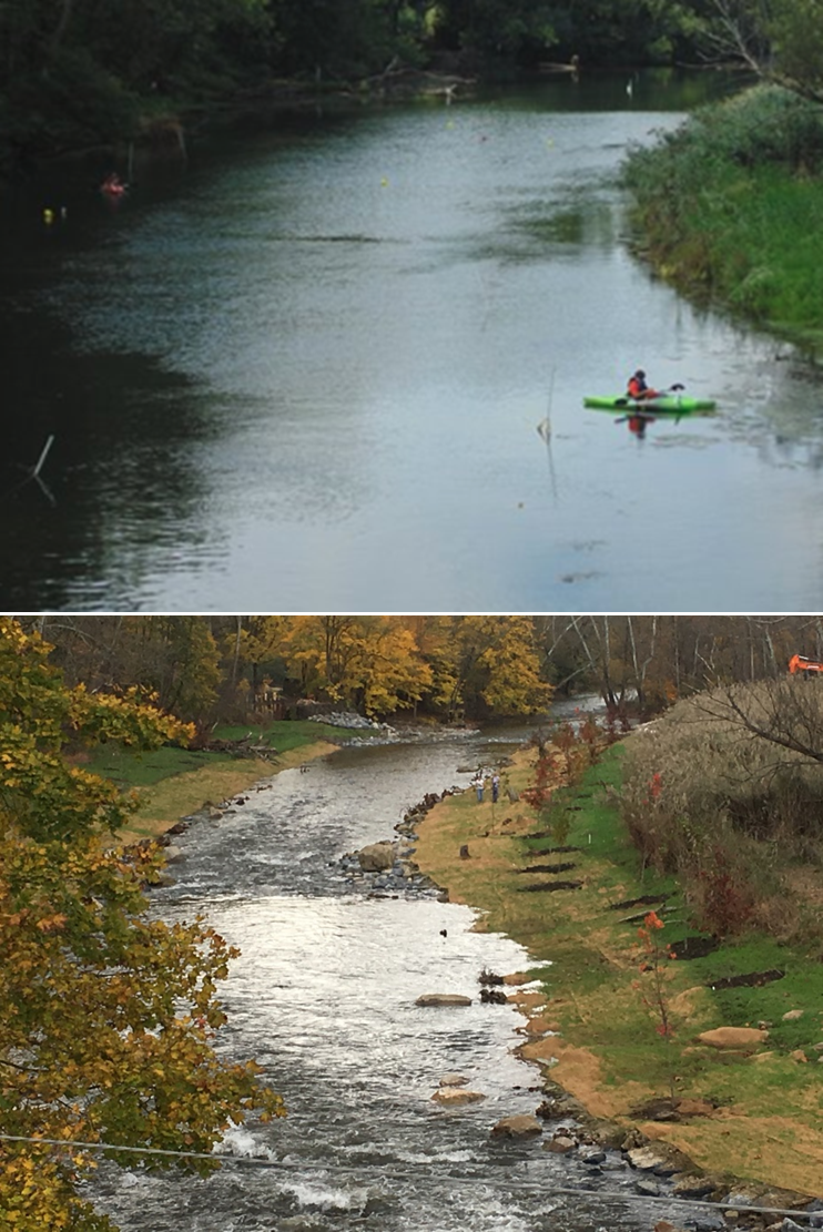 The Musconetcong River during high water level after a dam removal. The dam removal and high waters allow for kayakers who are paddling down the river unimpeded.
