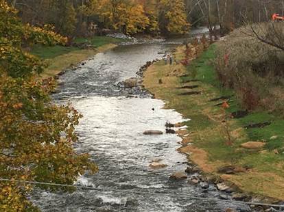 Arial view of the Musconetcong restoration project. The river now unimpeded thanks to a dam removal.