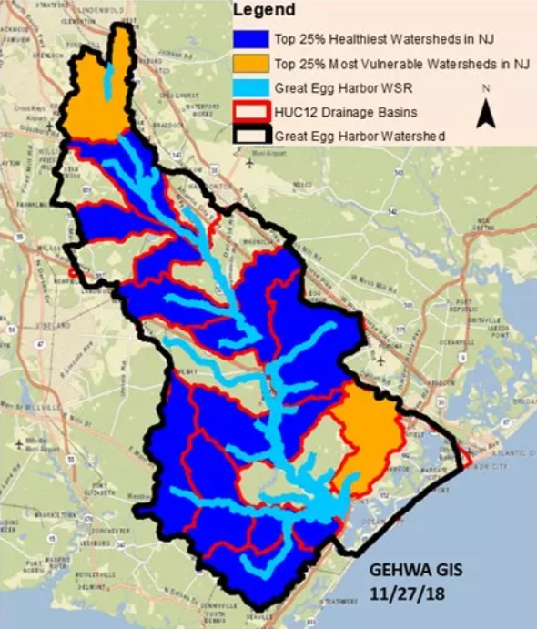 Preliminary Healthy Watersheds Assessments (PHWA) map produced by the GEH Watershed Association in 2018 showing the HUC12 subwatersheds and their health.  Map provided by Fred Akers.