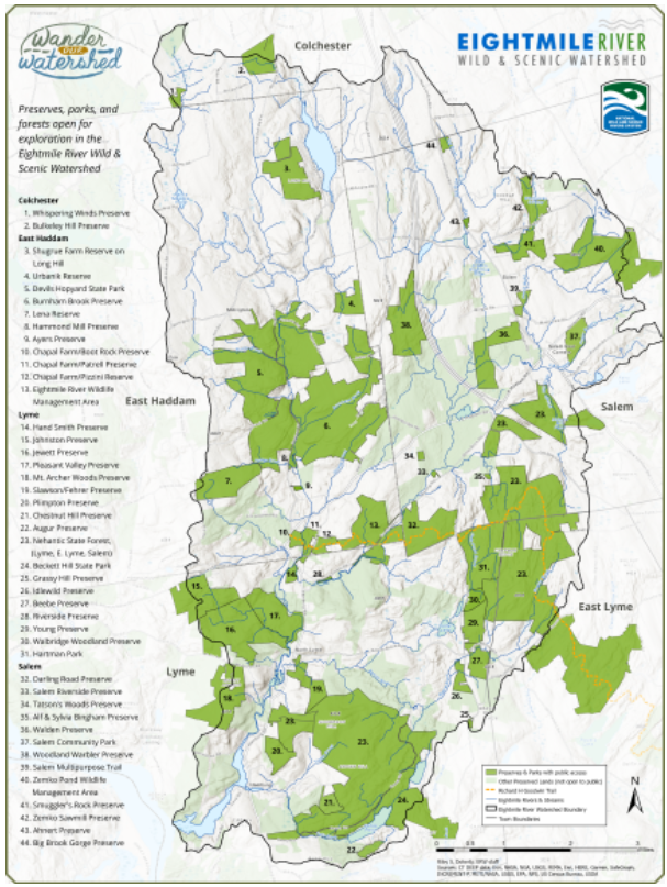 The Eightmile River’s new preserve map was created through the combined efforts of partners and the GIS work of Riley Doherty, the Eightmile River’s Environmental Program Coordinator.