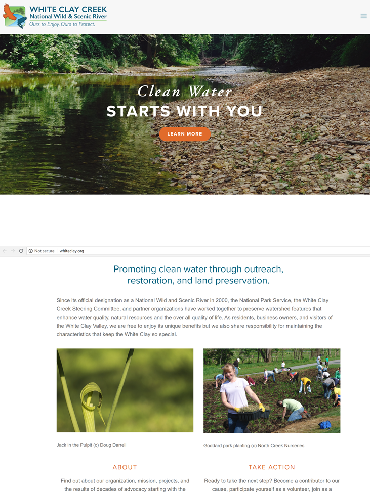 A screen capture of the White Clay Creek, National Wild and Scenic River Website. The bottom of the screencap provides some information about the White Clay Creek Steering Committee.