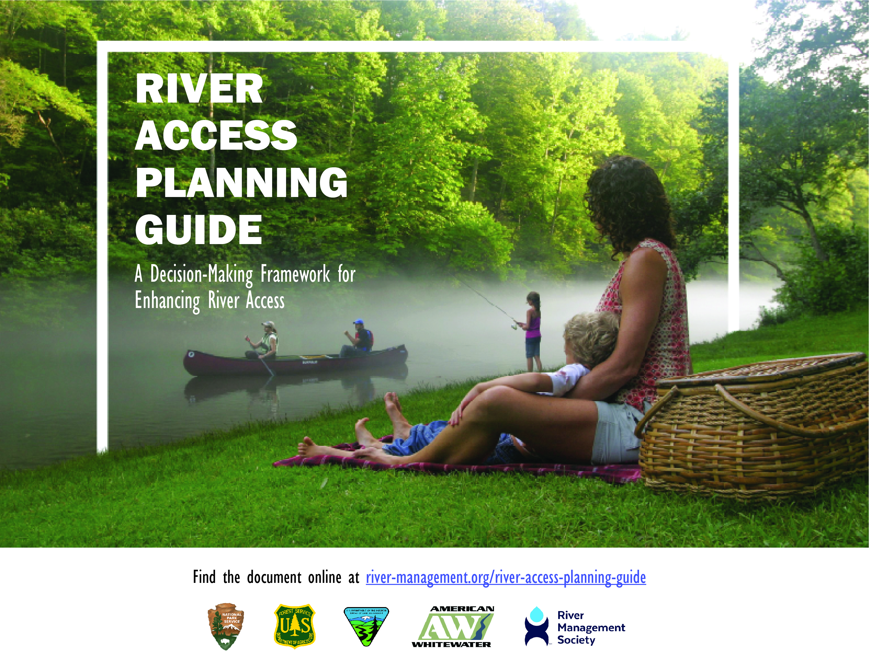 Promotional image for River Access Guide. Person sitting on a grassy hill, looking at canoers and anglers in the river.